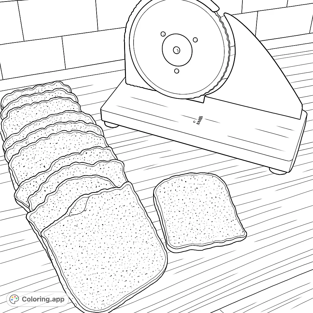 Explore a detailed kitchen scene featuring a bread slicer and freshly cut bread slices on a wooden surface. Perfect for food and kitchen enthusiasts.