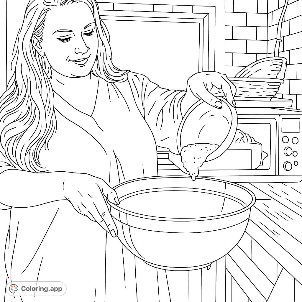 Capture the warmth of home baking with this kitchen scene. A woman pours ingredients into a bowl, ready to create. Perfect for foodies and home cooks.