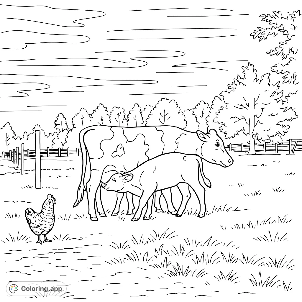A heartwarming farm scene featuring a mother cow and her calf, with a curious chicken nearby. Perfect for animal lovers and farm life enthusiasts.