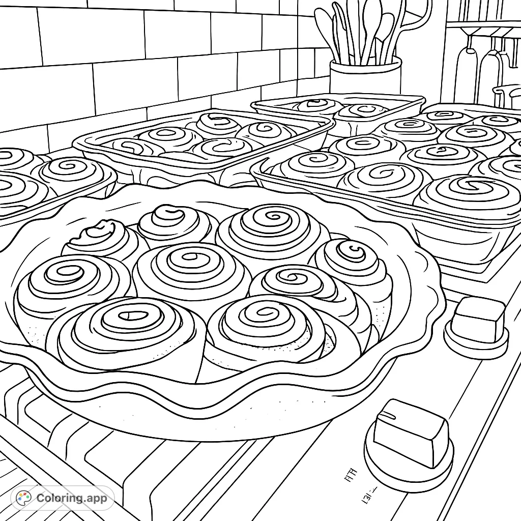 Indulge in the warmth of freshly baked cinnamon rolls! This delightful coloring page features multiple pans of sweet, spiraled treats ready for your creative touch.