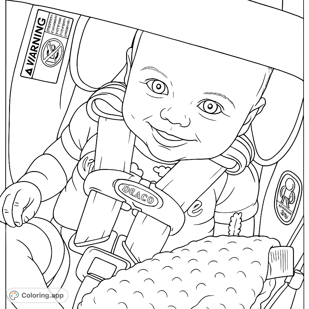 A delightful coloring page featuring a happy baby securely buckled in a car seat, ready for an adventure. Perfect for celebrating new life.