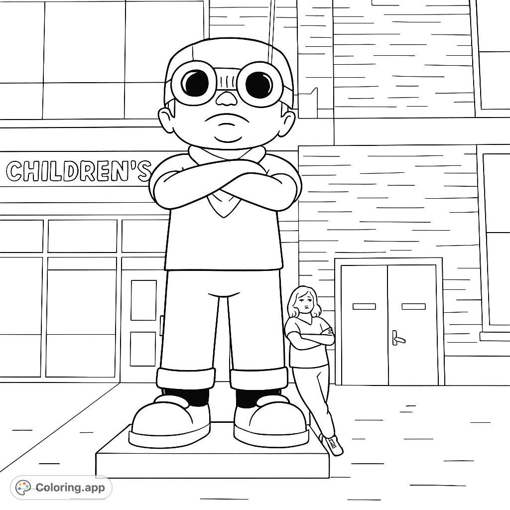 A fun, cartoony coloring page featuring a giant statue of a child-like hero with goggles and a scarf, perfect for imaginative coloring adventures.