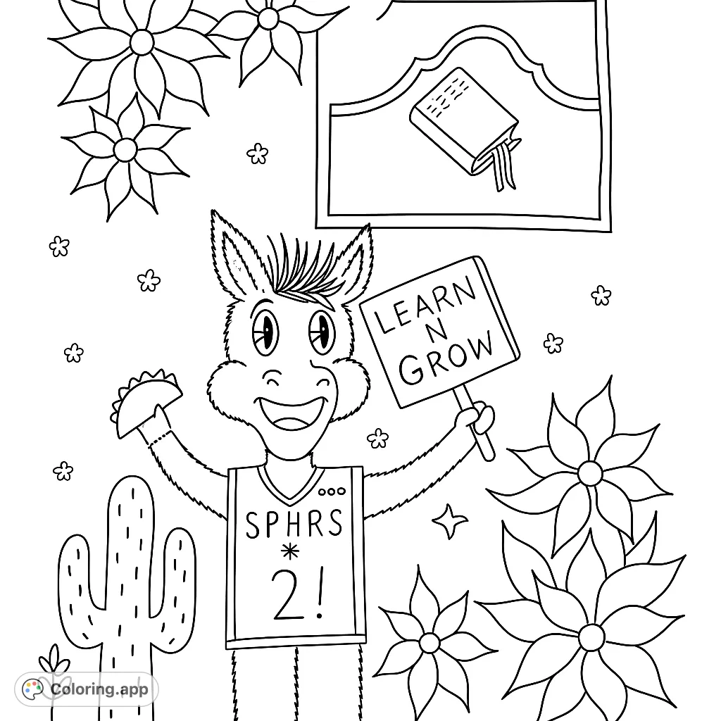A fun, educational coloring page featuring a furry character holding a "Learn N Grow" sign, surrounded by flowers, a cactus, and a graduation scene.