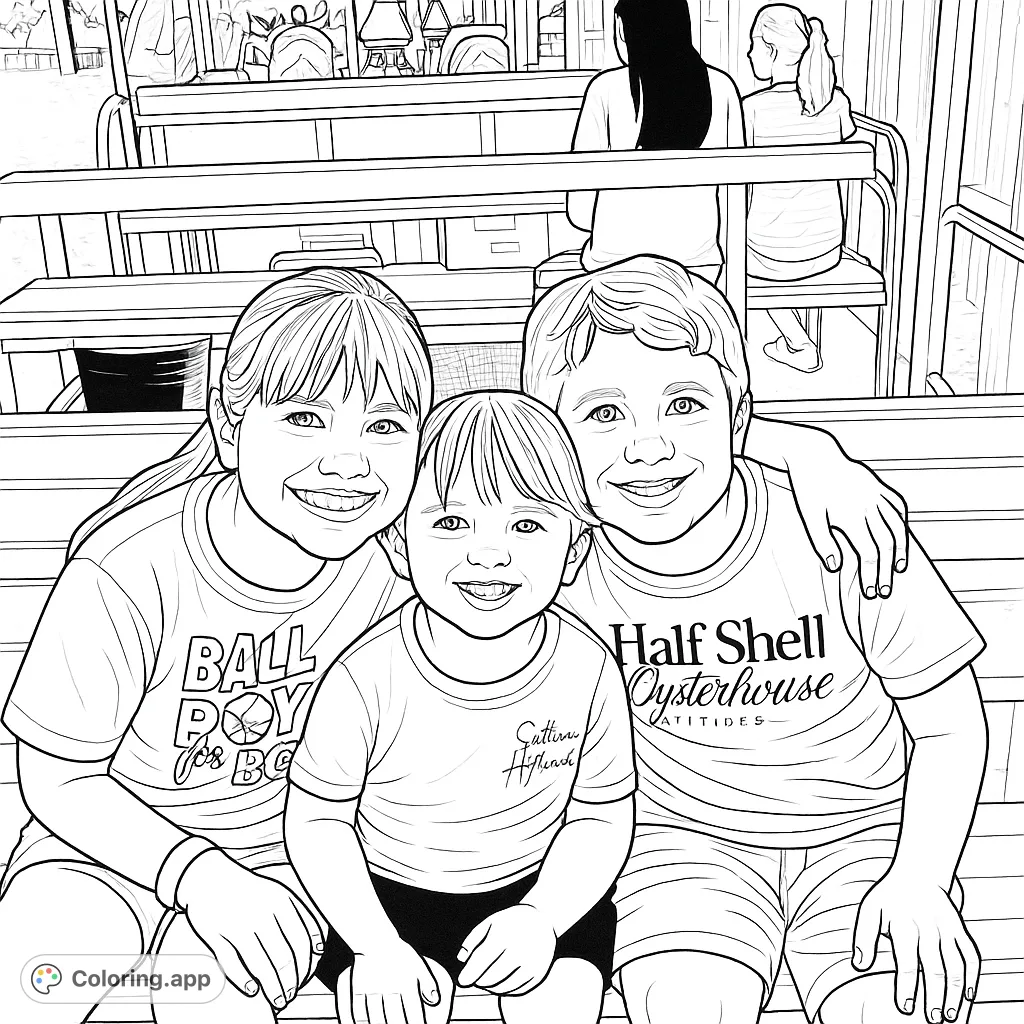 Three happy children smiling on a ride, perfect for a fun family coloring activity. Capture their joy and the outdoor setting!