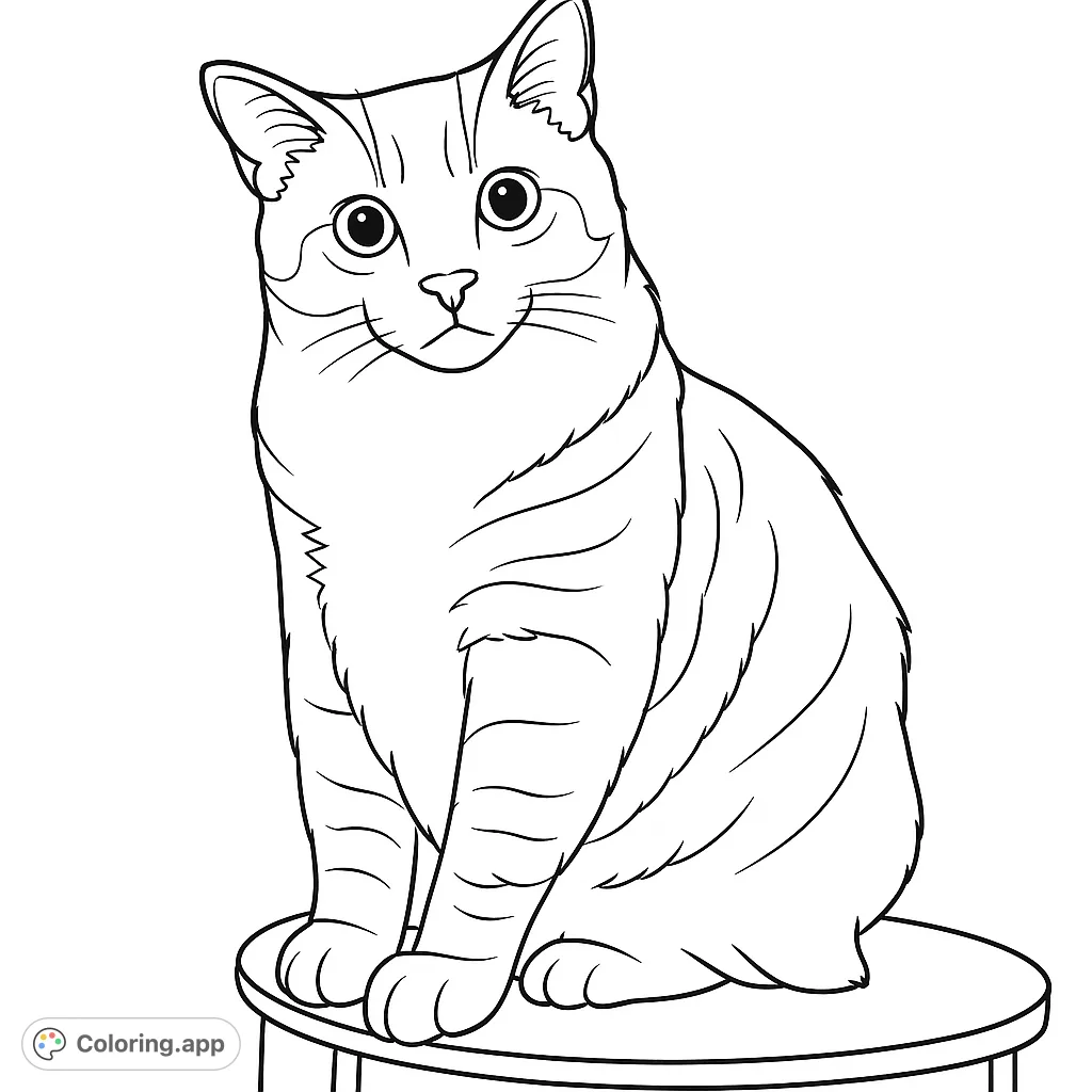 A charming cat sits attentively on a wooden stool, featuring distinct fur patterns and an engaging expression. Perfect for animal lovers!