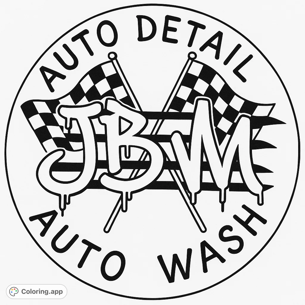 Unleash your creativity with this dynamic JBM racing emblem coloring page. Featuring bold graffiti letters and a racing flag background, perfect for car enthusiasts.