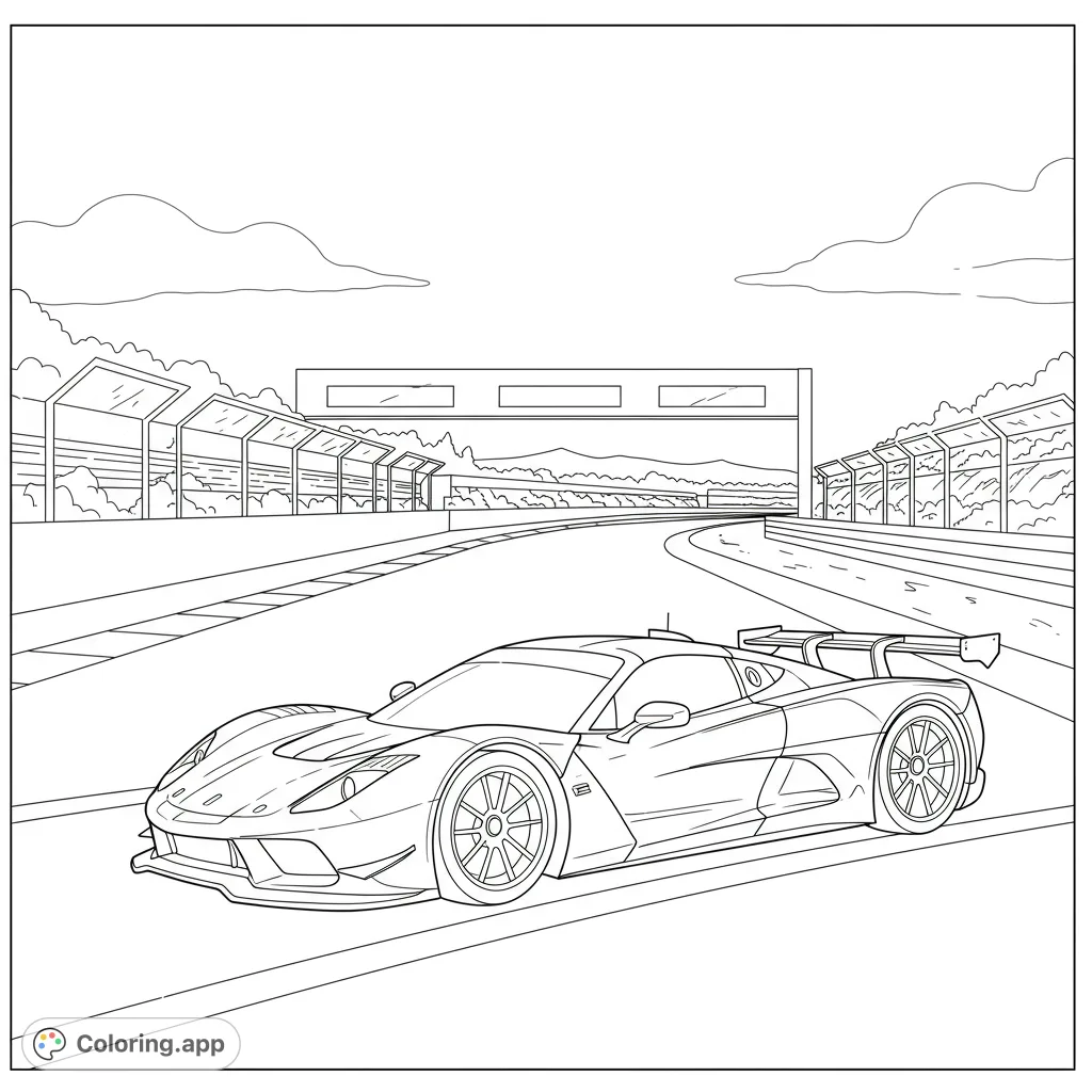 Experience the thrill of a race car speeding on a track under a bright sky, with banners waving. A dynamic race car coloring page.