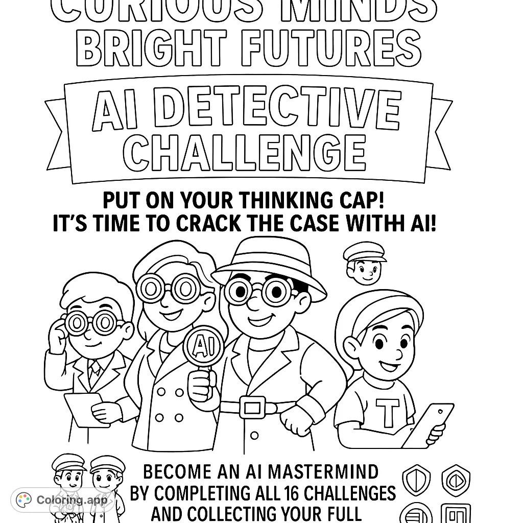 Join young AI detectives on a challenge! This free printable coloring page features curious minds ready to solve mysteries and earn badges.