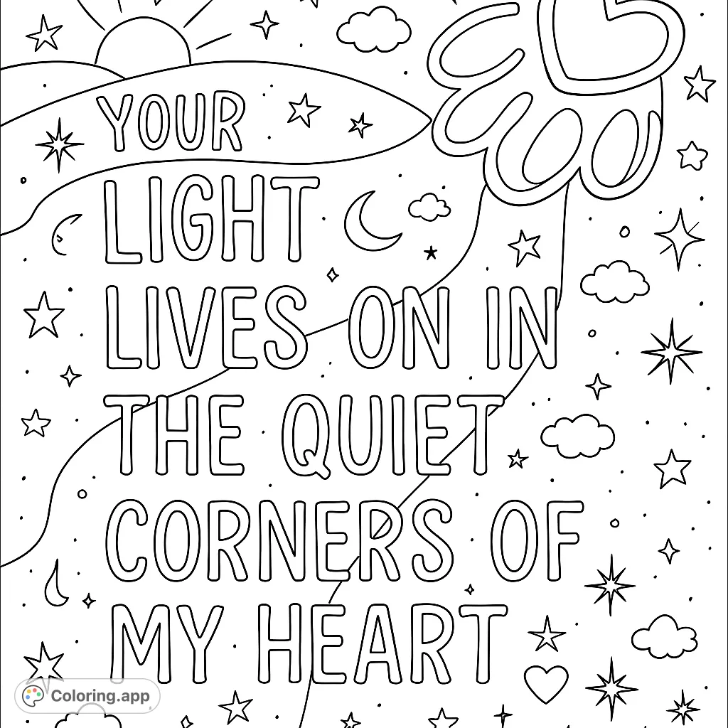 A touching pet memorial coloring page featuring a heartfelt quote, paw print, and celestial elements, perfect for honoring a beloved companion.
