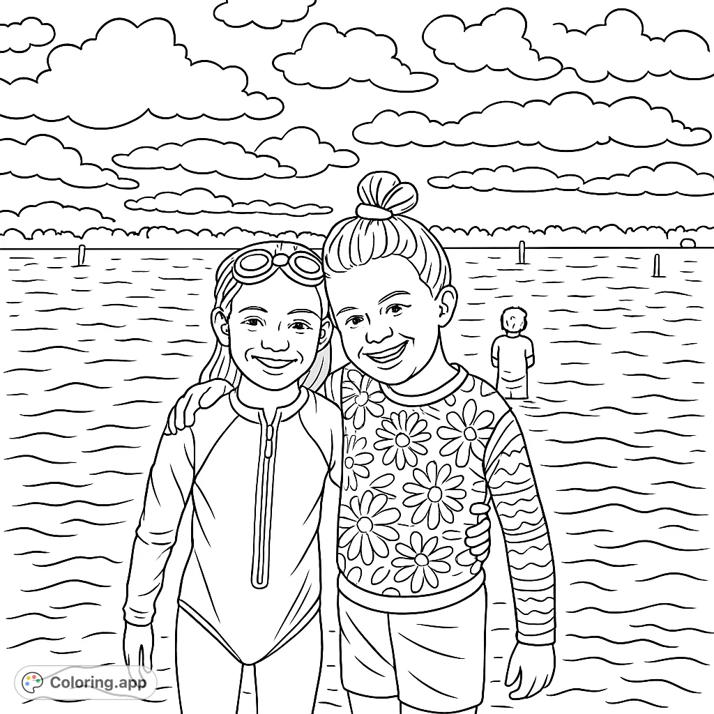Capture the joy of a lake day with two smiling children embracing in the water, a perfect scene for a relaxing coloring experience.