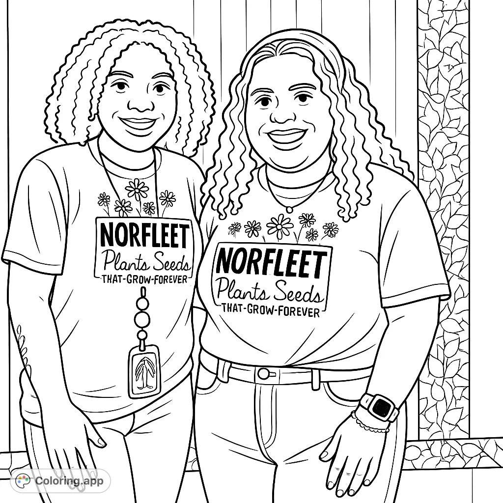 A delightful coloring page featuring two smiling friends in plant-themed shirts, perfect for adding your own creative flair to their outfits and the leafy background.