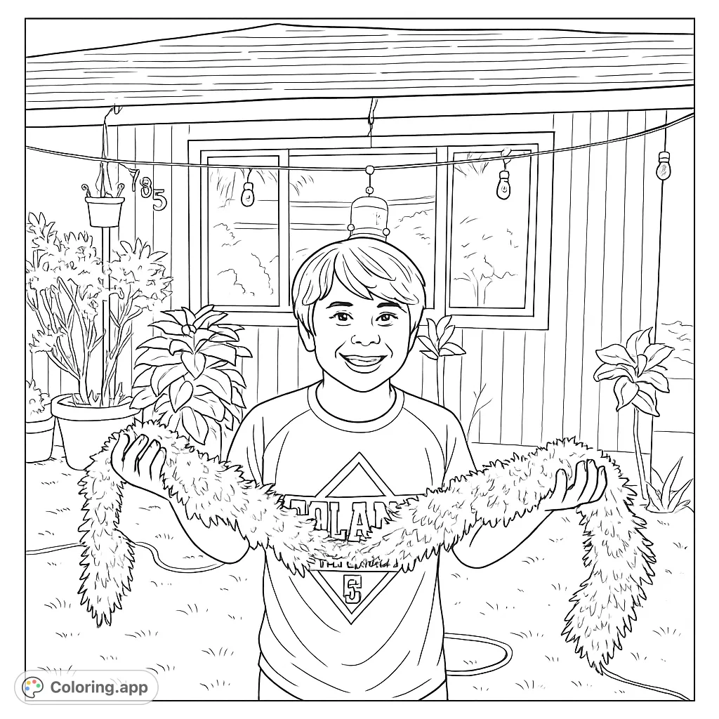 A smiling boy proudly displays a long strand of seaweed, set against a home and garden backdrop. A fun nature-themed coloring page.