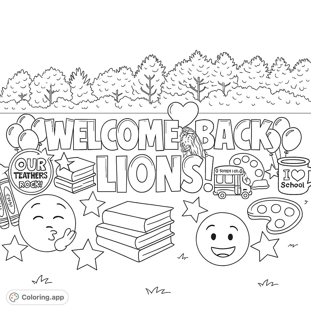 Celebrate the return to school with this fun coloring page featuring a 'Welcome Back Lions!' sign, school supplies, emojis, and festive balloons.