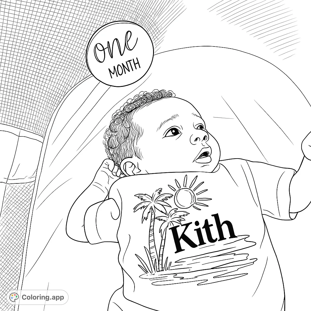 Celebrate a baby's first month with this adorable coloring page featuring a sweet infant and a special milestone marker. Perfect for new parents.