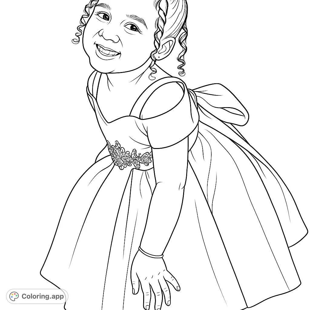 A delightful coloring page featuring a smiling young girl in an elegant gown with a decorative belt and a large back bow, perfect for creative fun.