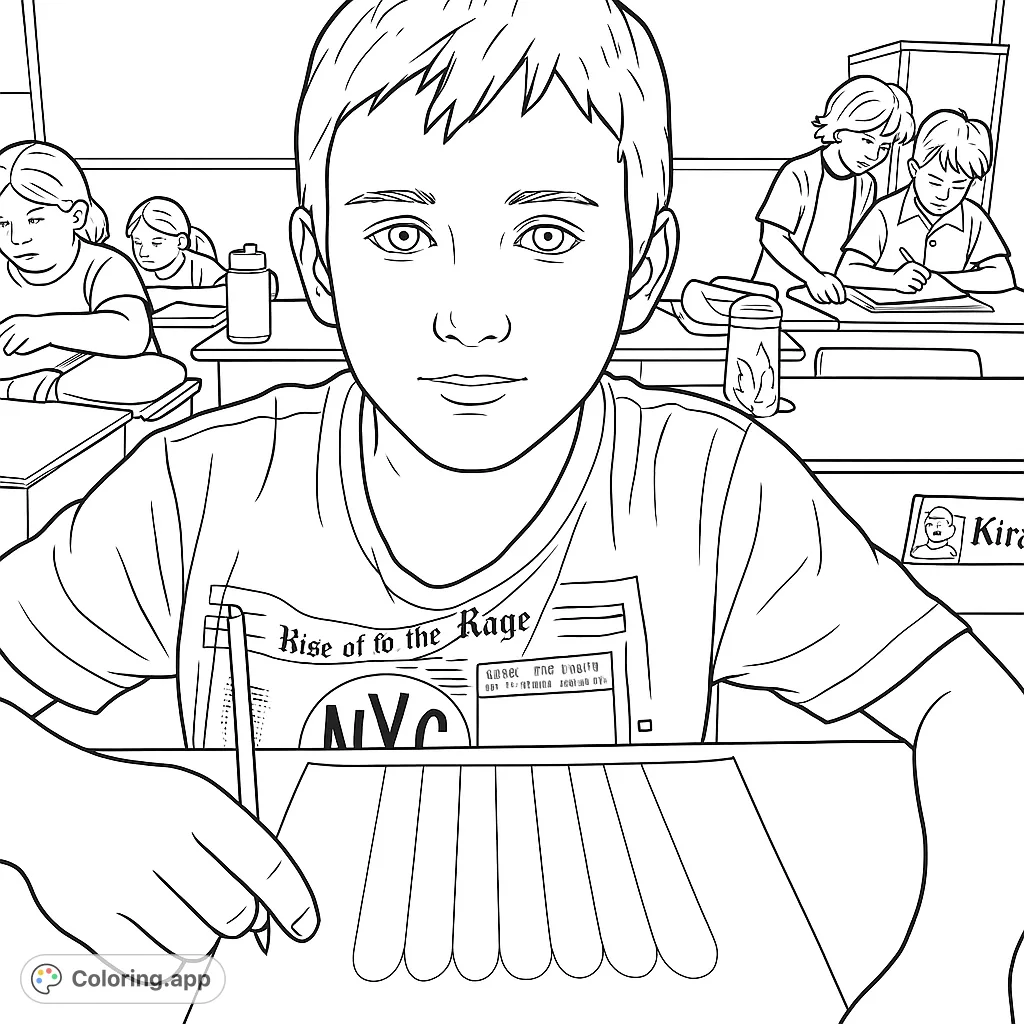 Capture a moment of creativity with a student focused on drawing in a bustling classroom. Perfect for young artists to personalize their school scene.