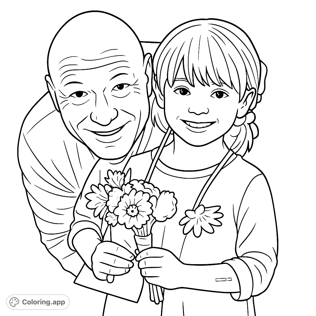 Capture a heartwarming moment between a man and a young girl holding a bouquet. A sweet family scene perfect for all ages to color and cherish.