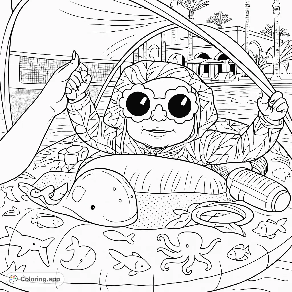 Adorable baby in a pool float with flower sunglasses, ready for a fun swim day. Features playful sea creature patterns and a sunny background.