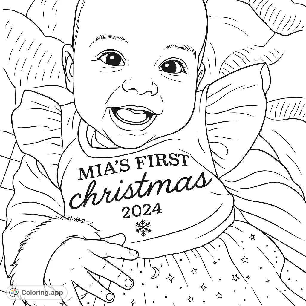 Celebrate a special milestone with this adorable baby's first Christmas coloring page, featuring a smiling infant in a festive outfit.