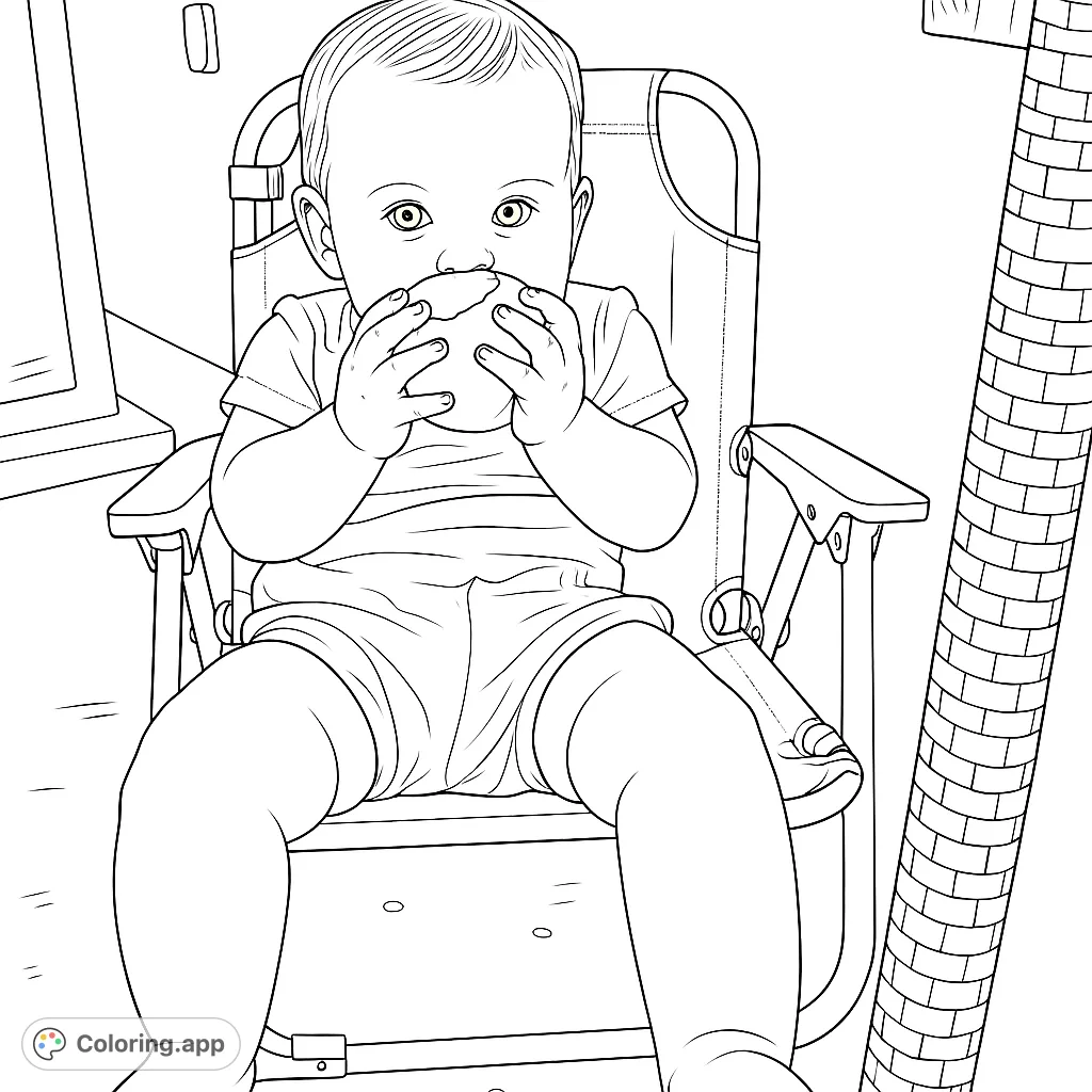 A delightful baby enjoys a juicy fruit snack in a comfy chair. Perfect for little ones and parents to color, celebrating simple joys and sweet moments.