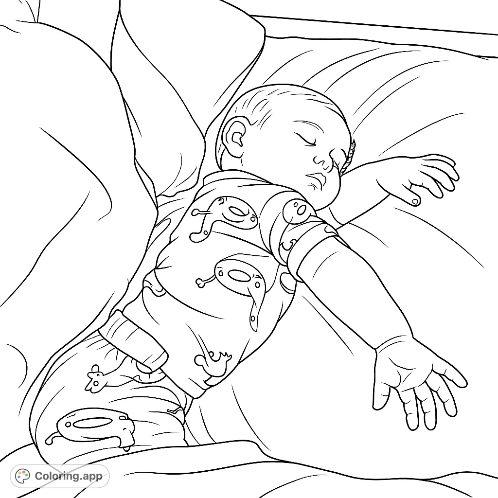 A sweet baby sleeps peacefully in flamingo pajamas. A calming scene perfect for quiet moments and gentle coloring.