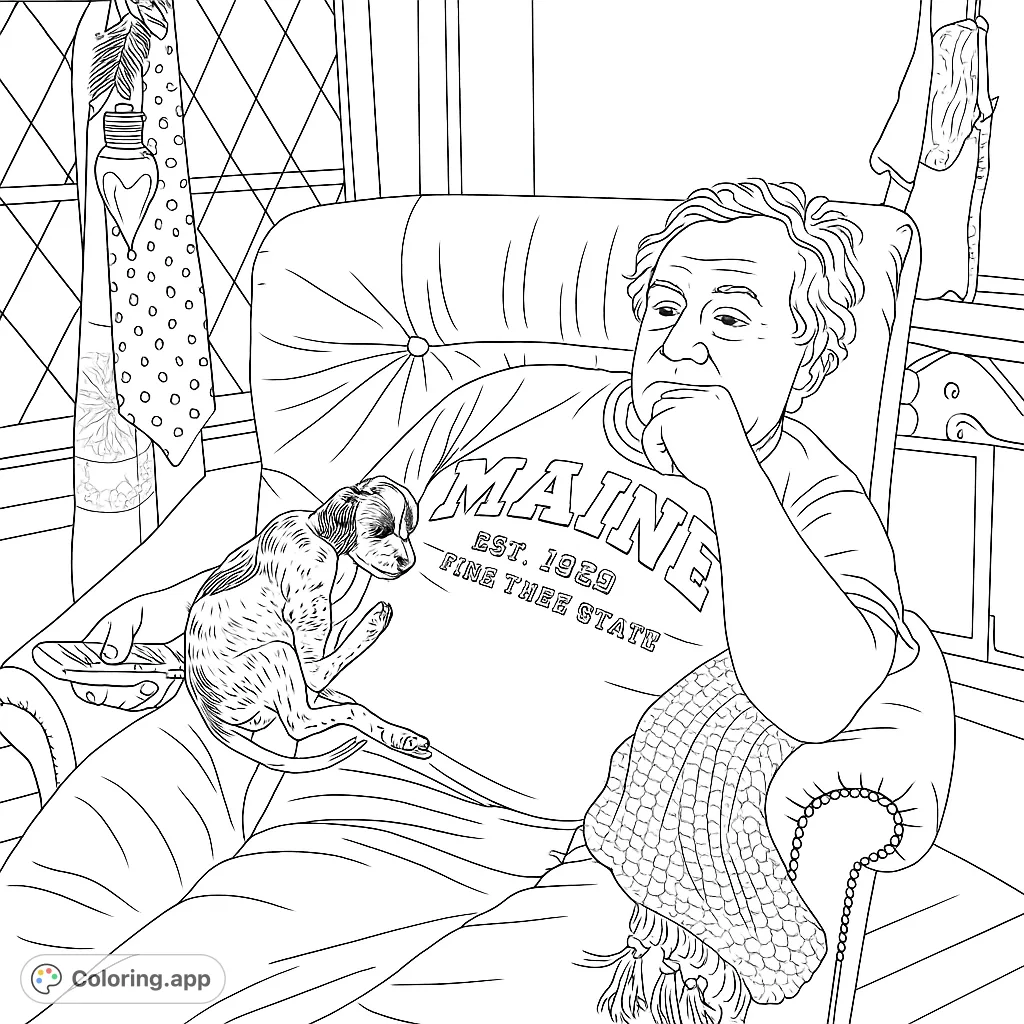 Relax with this heartwarming cozy man and puppy coloring page. Features a man in an armchair with a sleeping puppy, perfect for quiet moments.