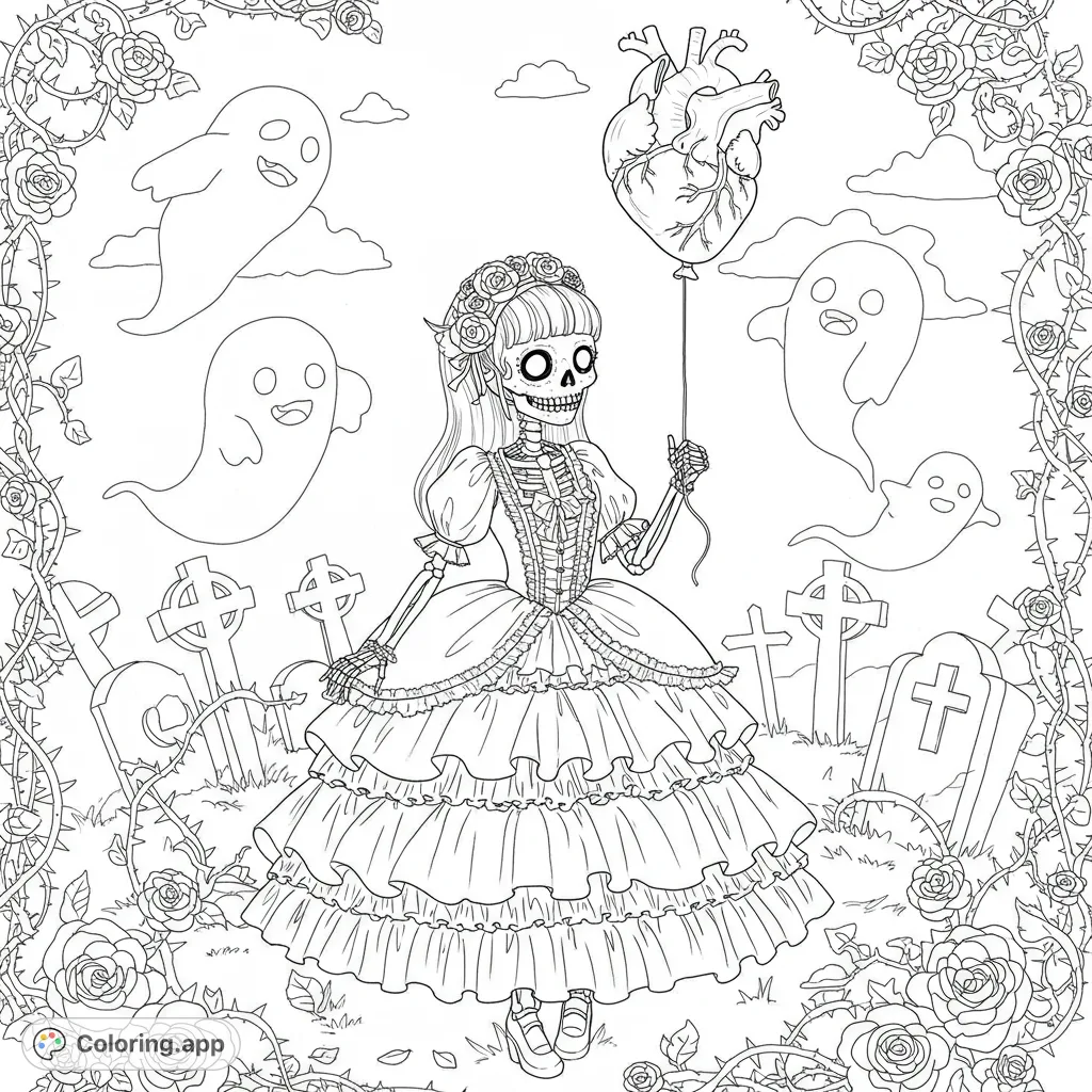 A charming kawaii skeleton girl in a frilly Victorian dress holds an anatomical heart balloon, surrounded by thorny vines, gravestones, and playful ghosts.