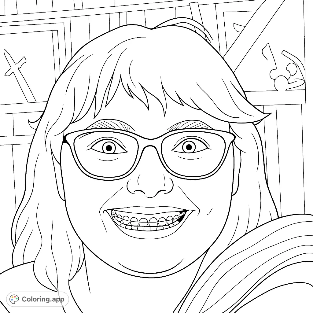 A cheerful portrait of a person with glasses and braces, smiling broadly. Perfect for a fun and expressive coloring experience.