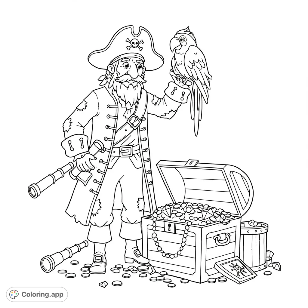Embark on a fun adventure with a silly pirate and his parrot guarding a treasure chest. Find hidden objects in this engaging coloring page!