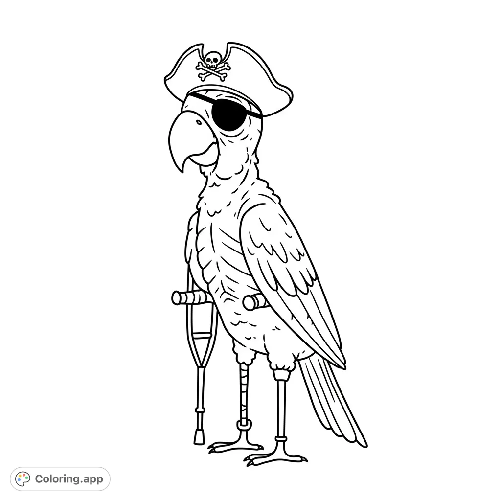 A charming, featherless pirate parrot with an eyepatch and peg leg, ready for adventure. A simple, retro design for easy coloring fun.