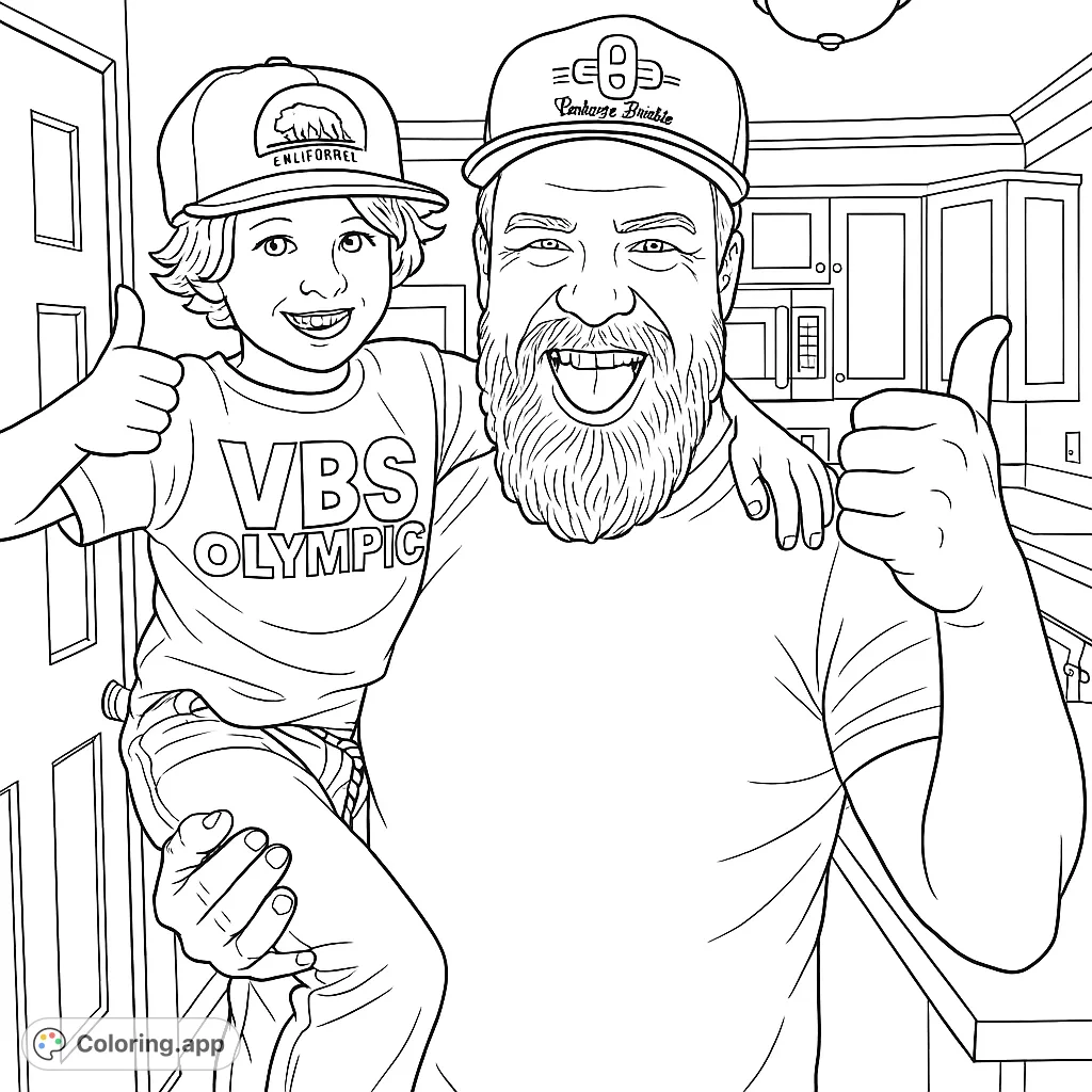 A heartwarming scene of a man and child smiling and giving thumbs-up, perfect for a family-themed coloring page.