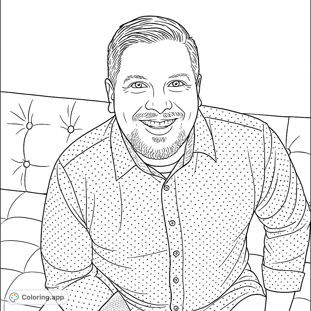 A friendly man with a beard smiles warmly, seated on a tufted couch. Perfect for practicing portrait coloring and shading.