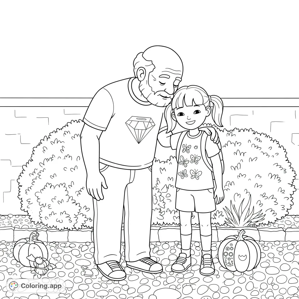 A heartwarming scene of a grandpa embracing his granddaughter, sharing a tender moment amidst a textured outdoor setting. Perfect for family-themed coloring.