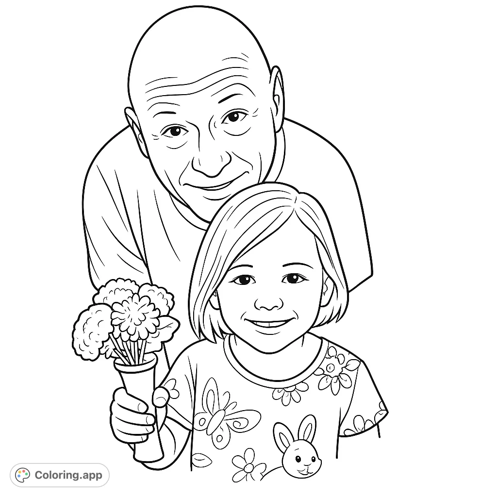 A heartwarming family portrait featuring a man and a young girl sharing a tender moment, with the girl holding a charming bouquet of flowers.