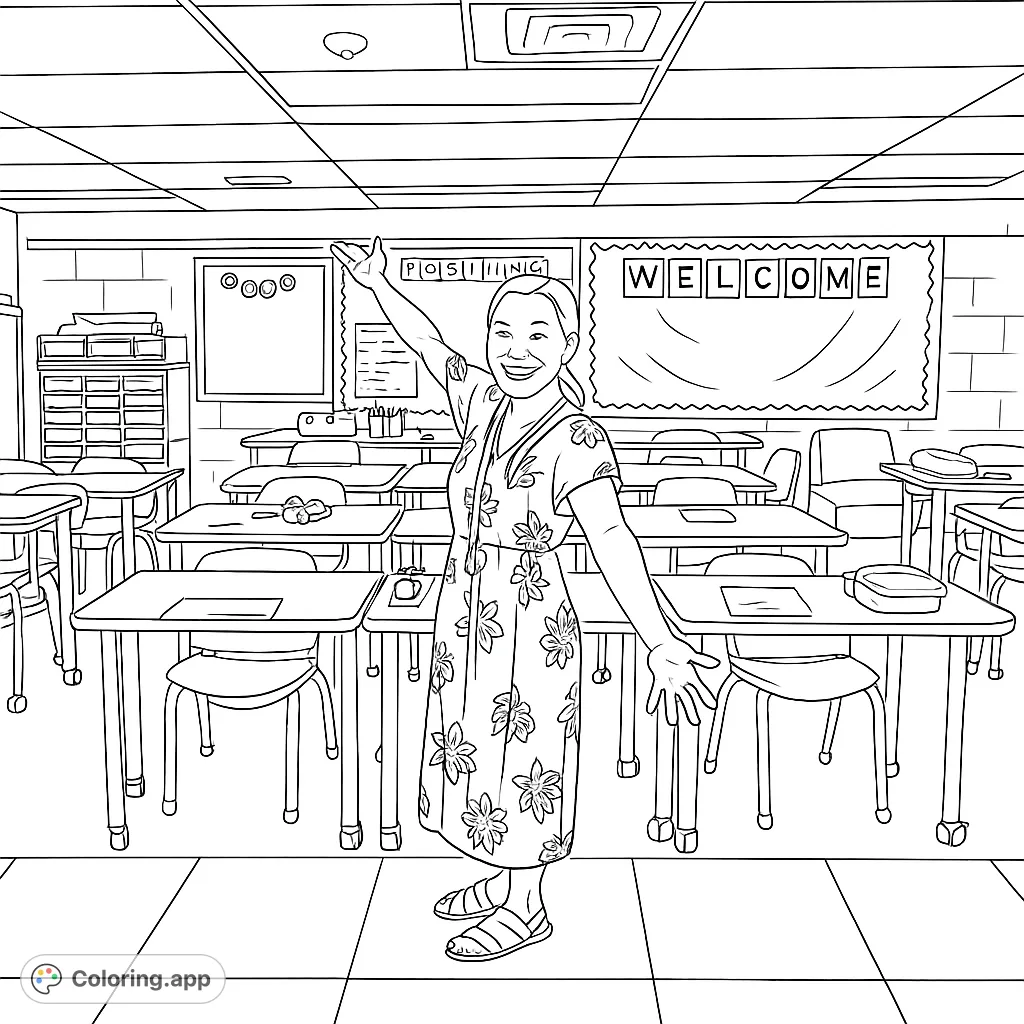 A welcoming classroom scene featuring a smiling person amidst desks and learning displays, perfect for a back-to-school coloring page.