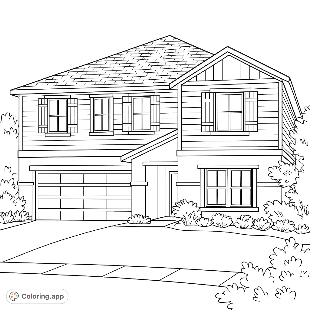 Color a charming two-story suburban home with detailed siding, windows, and inviting landscaping. Perfect for architecture enthusiasts and home dreamers.