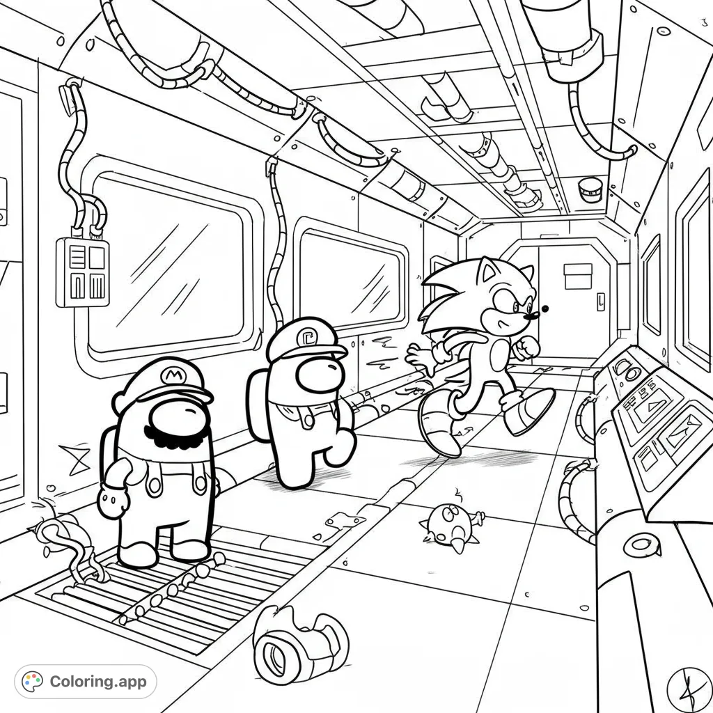 Join Mario, Sonic, and Among Us crewmates in an action-packed spaceship scene. A fun, free printable coloring page for fans of all ages!