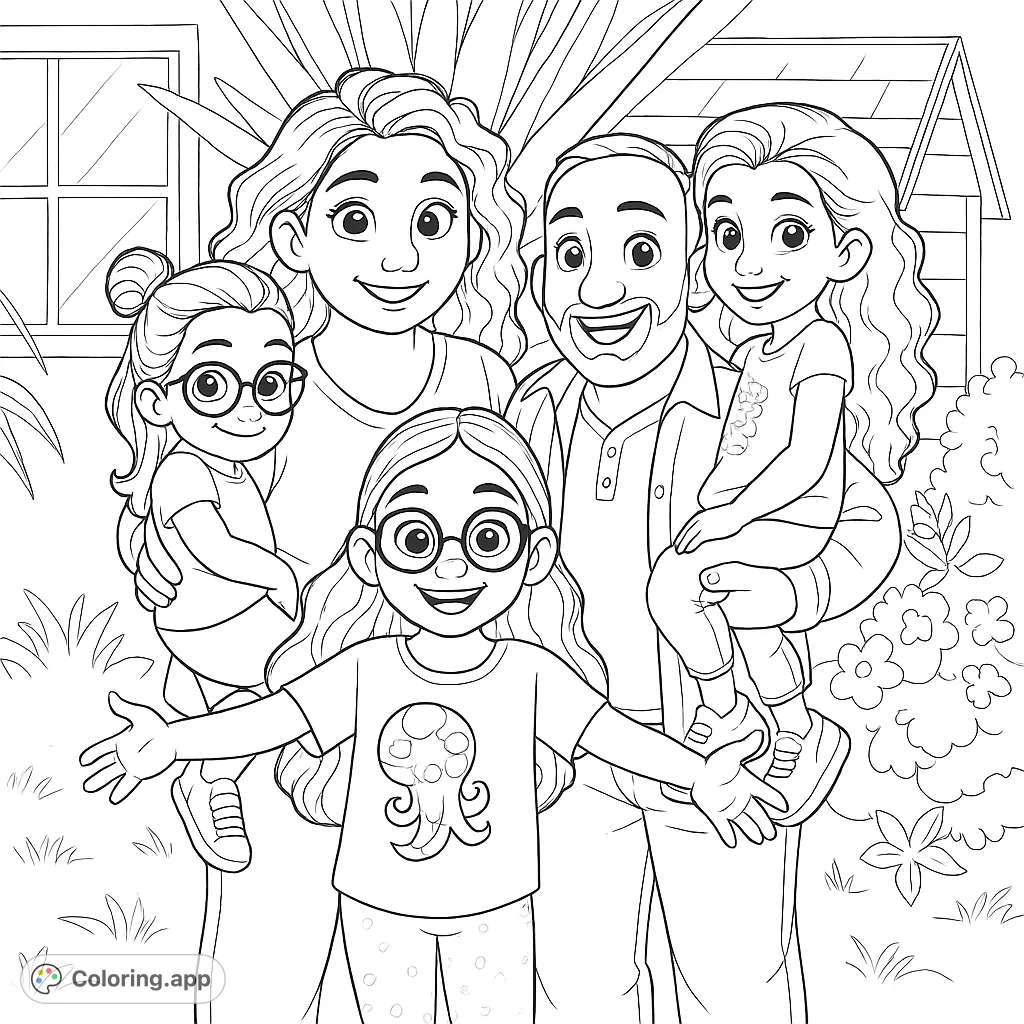 Capture the warmth of family with this delightful portrait coloring page. Features a smiling family of five in an inviting outdoor setting.