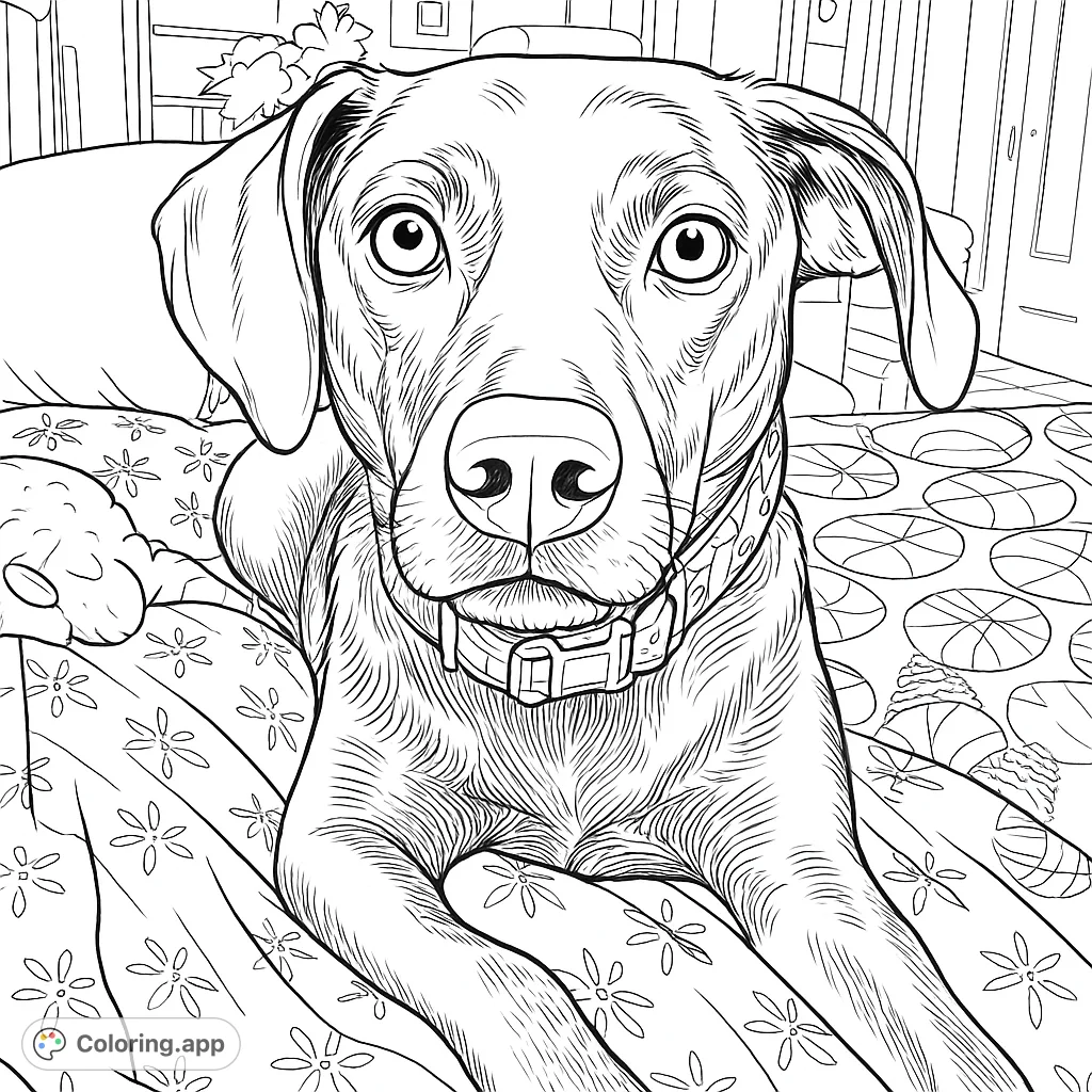 A charming dog portrait coloring page featuring a loyal canine companion resting on a patterned blanket. Perfect for pet lovers!