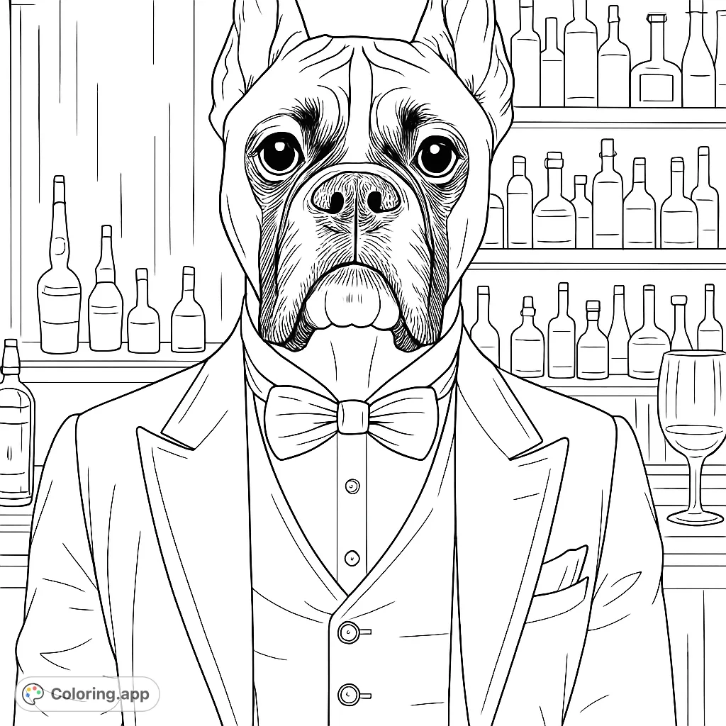 Color a dapper Boxer dog in a sophisticated suit and bow tie, set against a detailed backdrop of a bar or study. A unique and charming animal portrait.