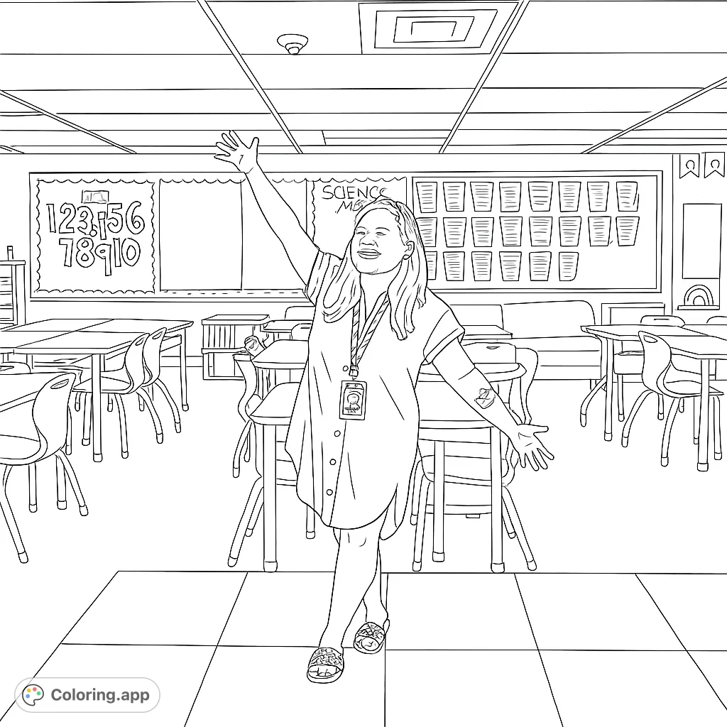 A cheerful teacher stands in a vibrant classroom, ready for learning. This free printable classroom teacher coloring page is perfect for school-themed fun and creativity.