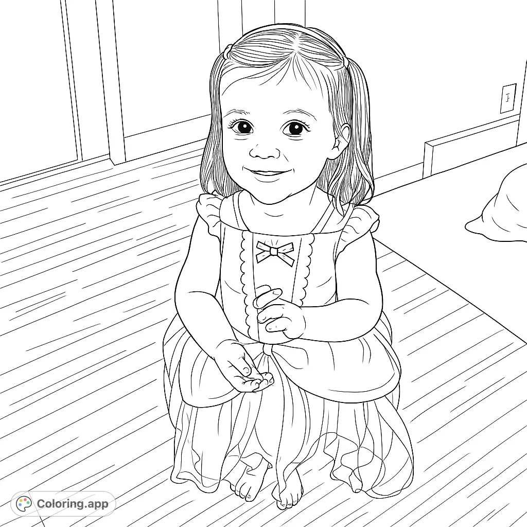 A delightful princess coloring page featuring a smiling young child in a beautiful layered gown and headband, perfect for imaginative play.