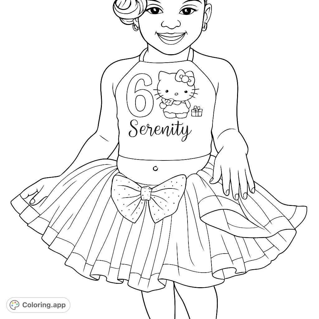 A delightful coloring page featuring a young girl in a festive tutu and a personalized top, perfect for celebrating special moments and creative expression.