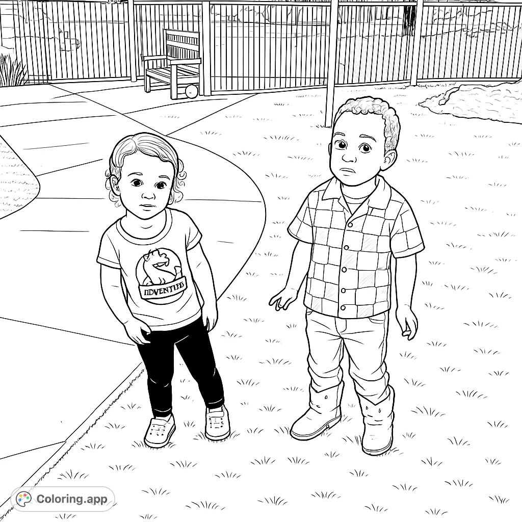 Two children explore a park by a pond, with a fence and trees in the background. A delightful scene for young colorists.