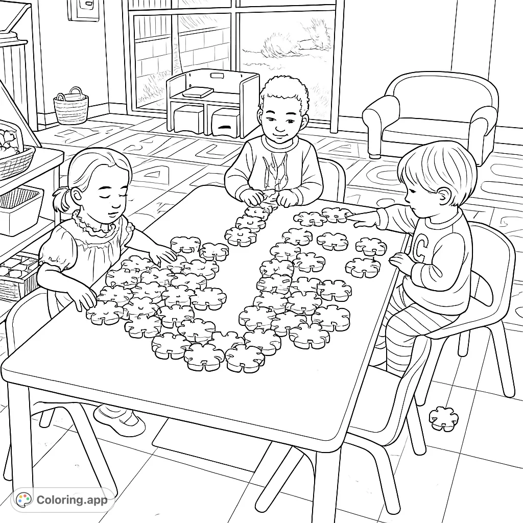 Three children engaged in creative play with interlocking blocks at a table in a bright playroom. Perfect for young artists.