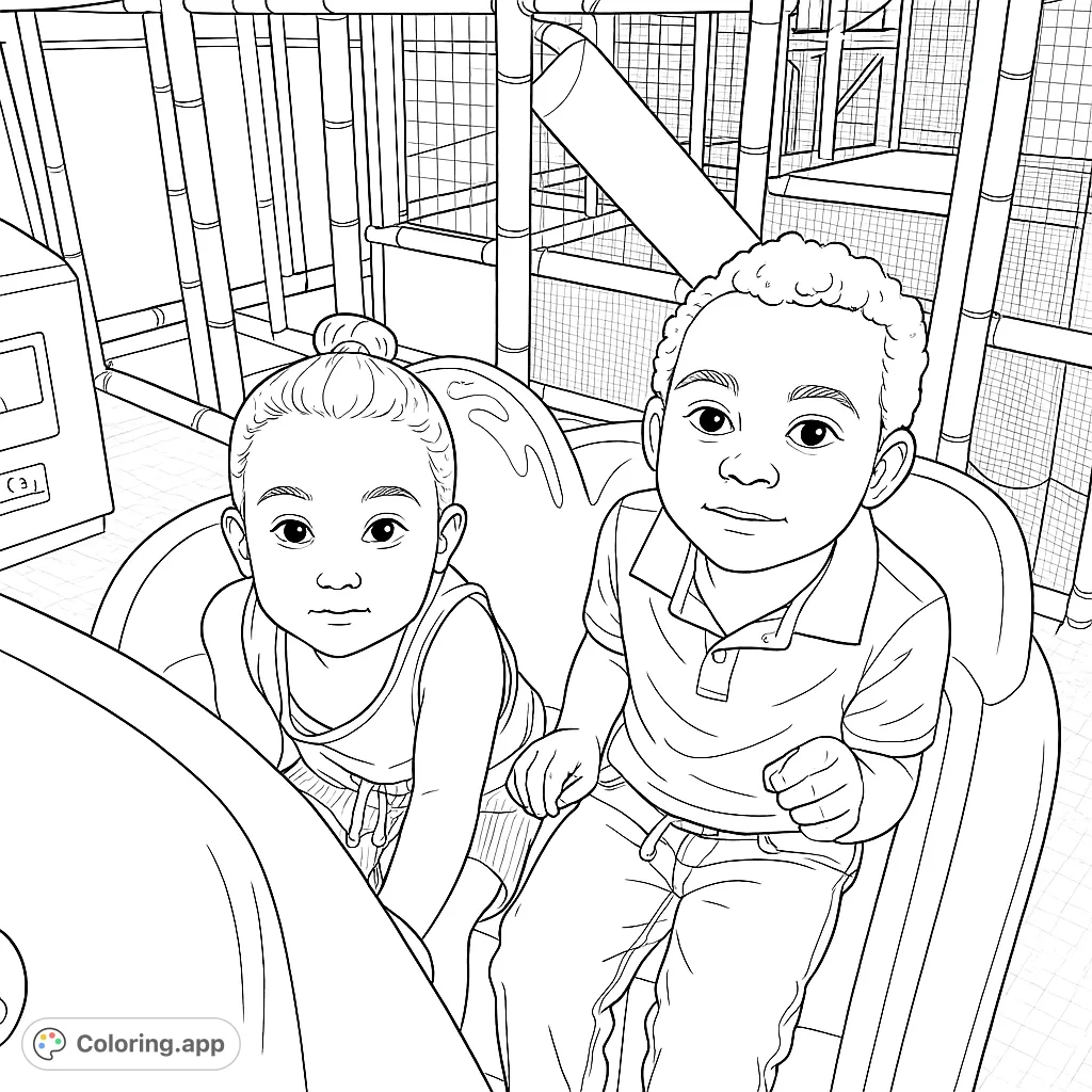Two happy children enjoying a fun ride in an indoor play area, surrounded by a vibrant play structure. Perfect for young colorists.