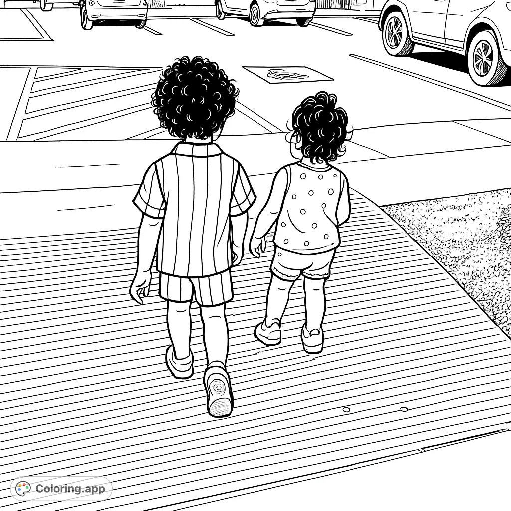 Two children walk hand-in-hand on a textured path, exploring a world of possibilities. A charming scene for a delightful coloring adventure.