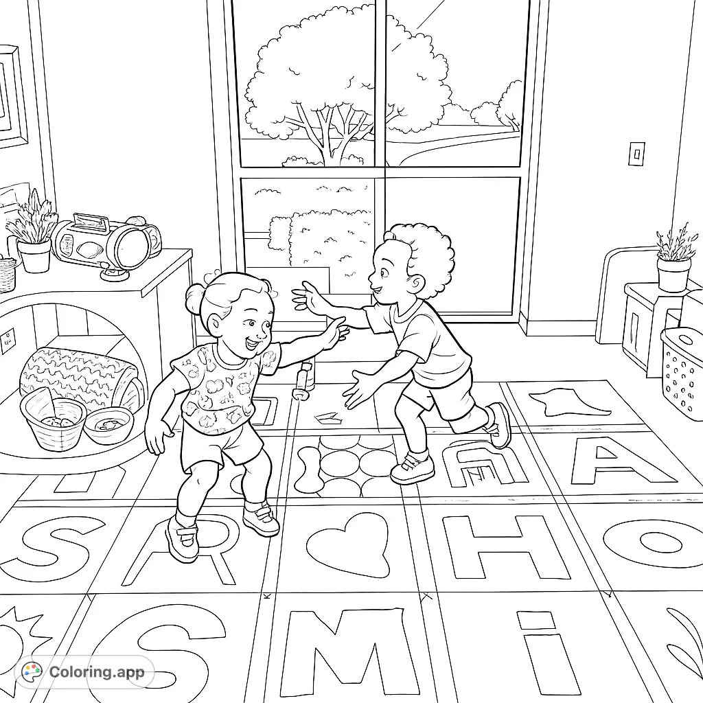 Two joyful children play on a vibrant alphabet rug in a bright room with a large window, perfect for imaginative coloring fun.
