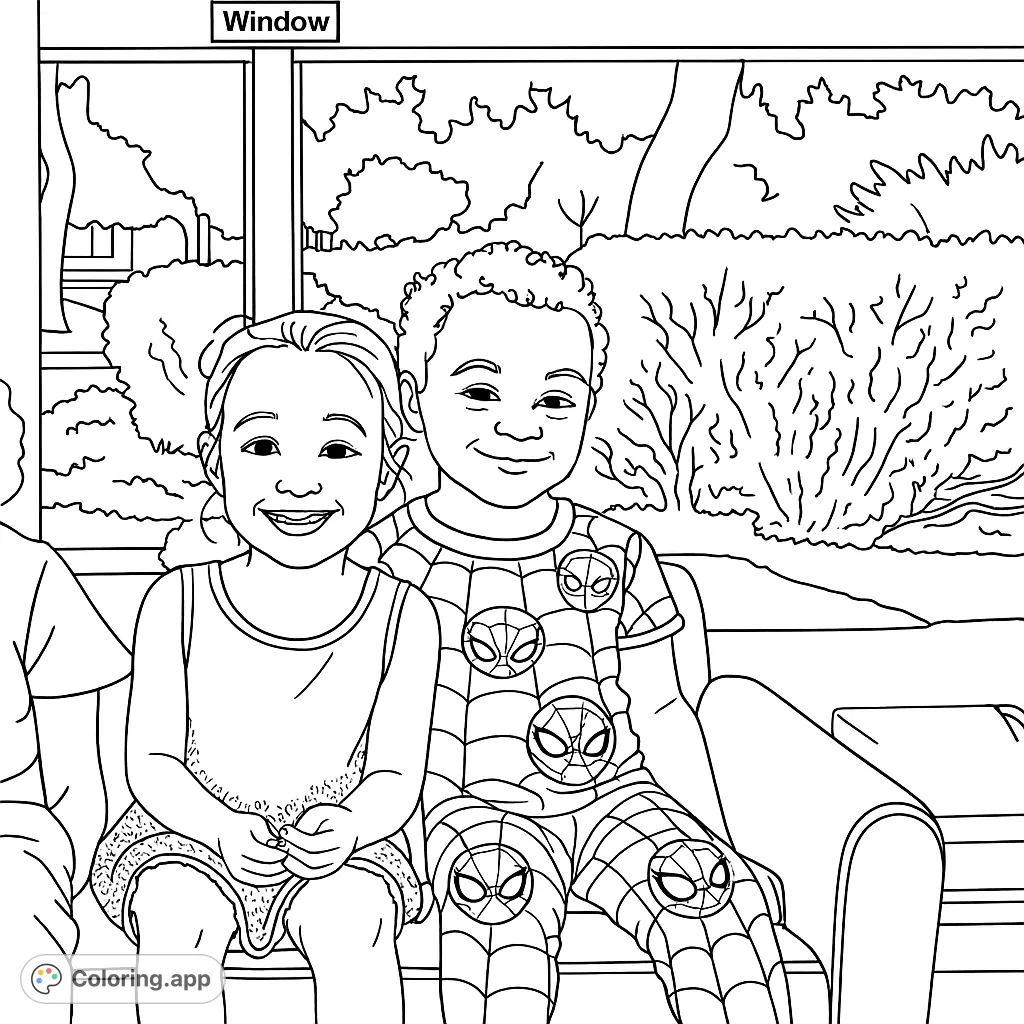 Two happy children, a girl and a boy, smile while sitting together on a couch by a window, ready for a fun coloring adventure.