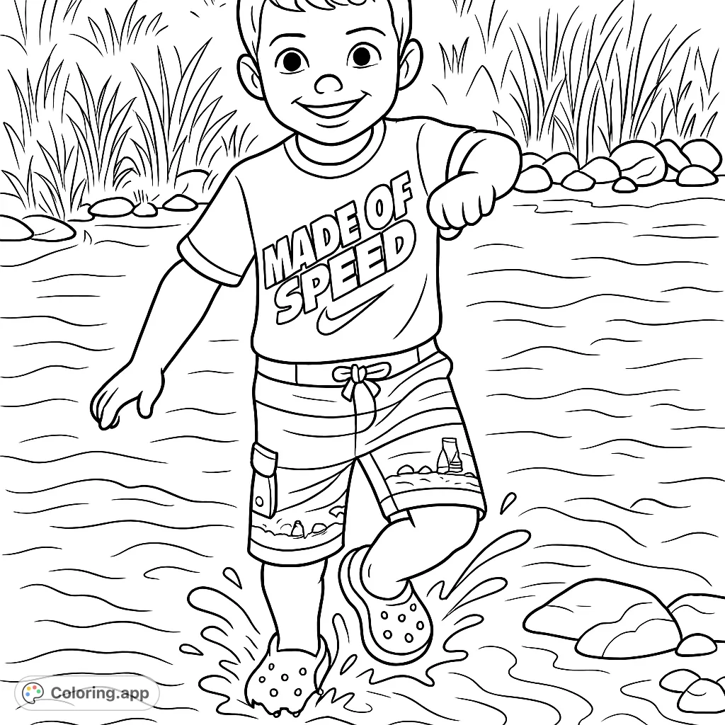 A cheerful boy enjoys splashing in a stream, surrounded by nature. Perfect for a fun, outdoor-themed coloring adventure.